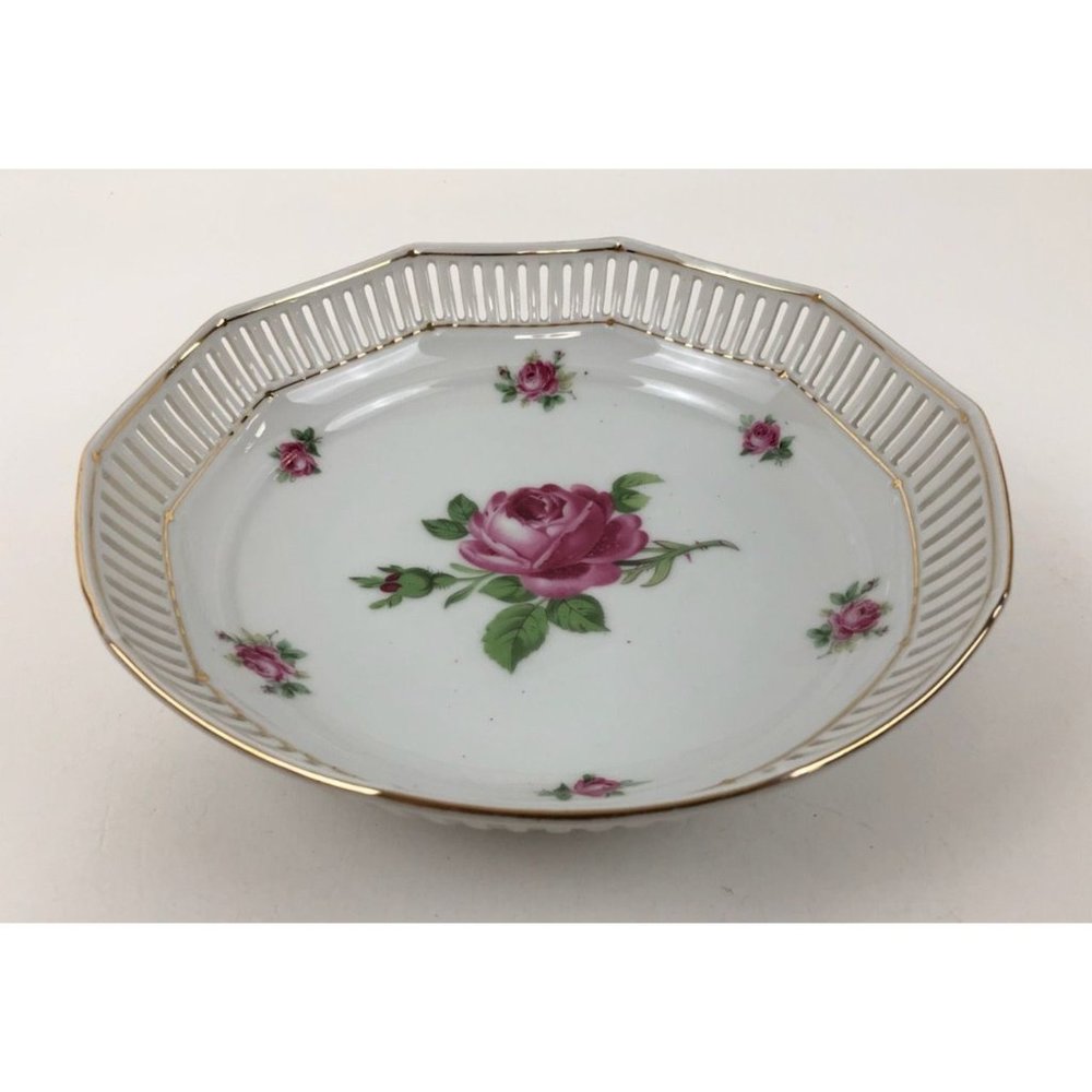 Schumann Rim Soup Bowl Roses Buds Pierced Gold Trim Bavaria Porcelain Serving
